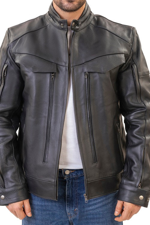 Huxley Black Motorcycle leather jacket with Storage pockets