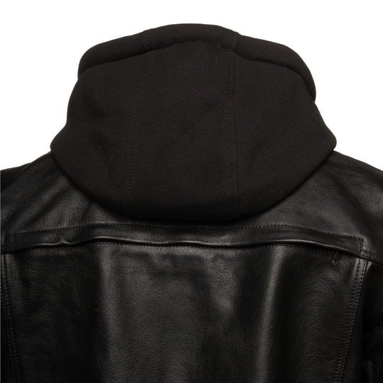 Easton Black trucker motorcycle leather jacket with hood