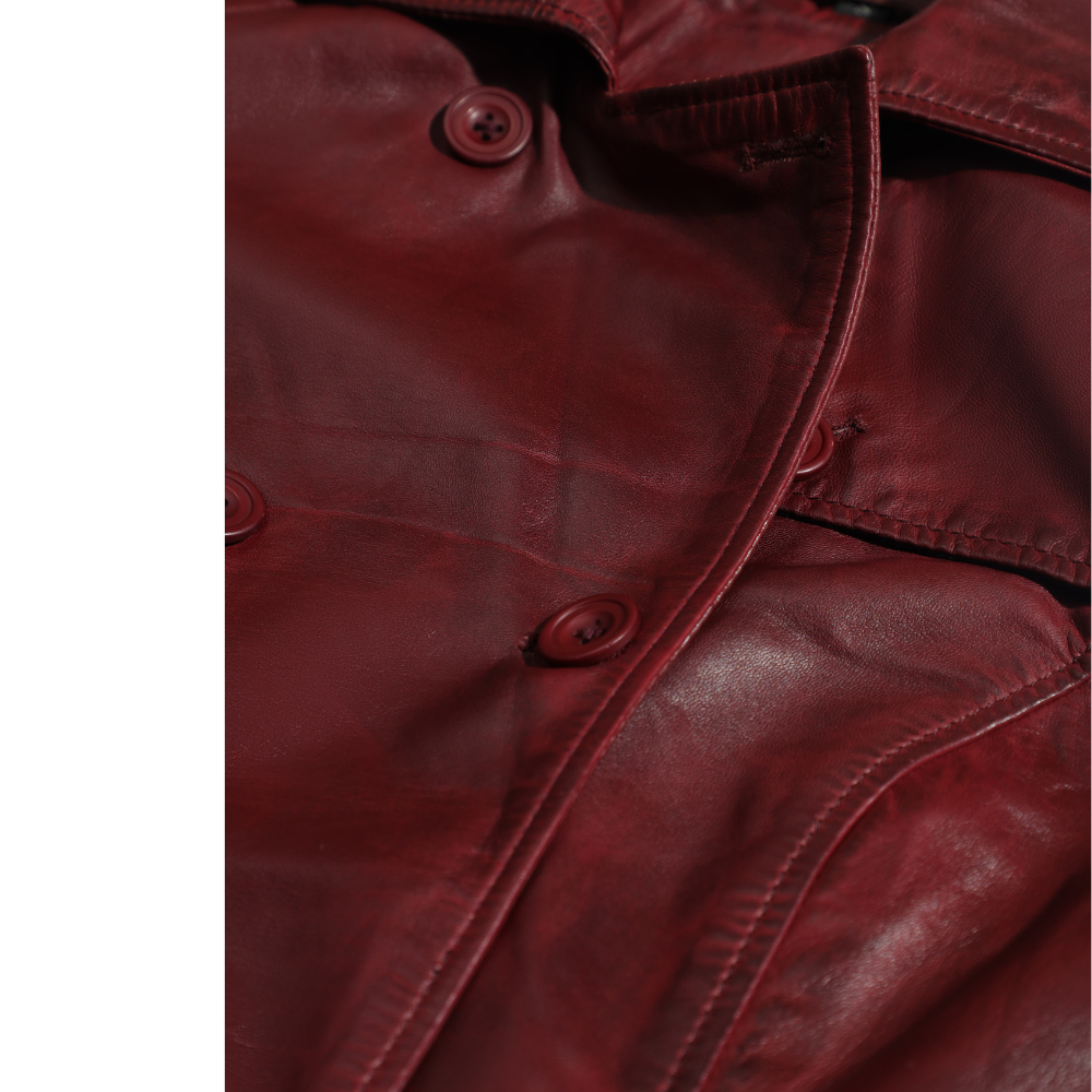 Coral red belted leather coat