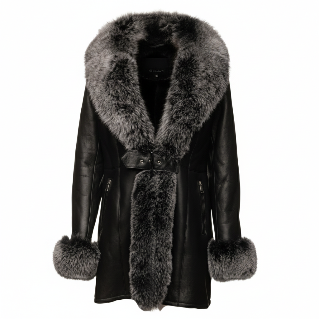 Stella black shearling coat with fox fur trim
