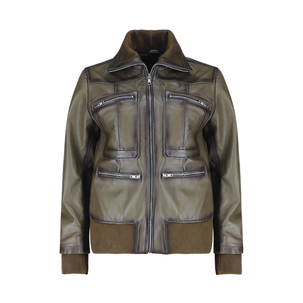 Mila olive green bomber leather jacket