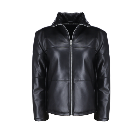 Sorine Black zippered women's Puffer leather jacket