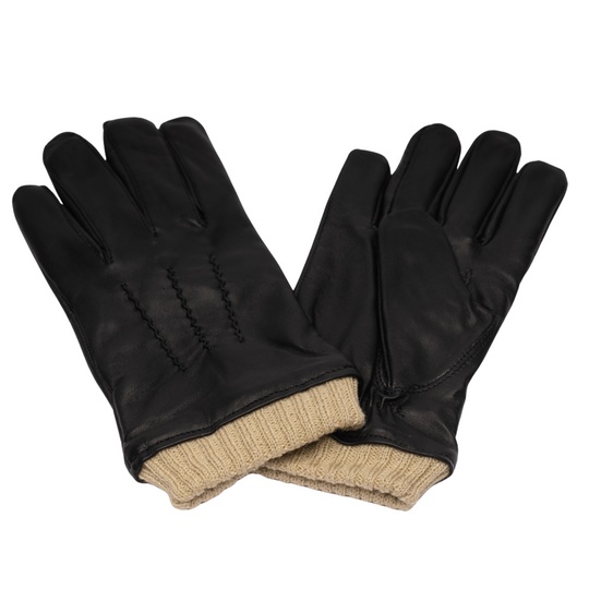 Men's black leather gloves with knit cuffs