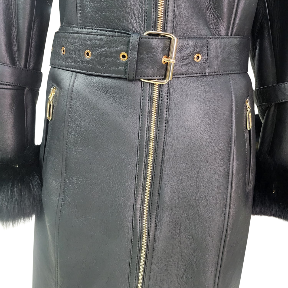 Freya Black Leather shearling coat with Fur Hood & Belt