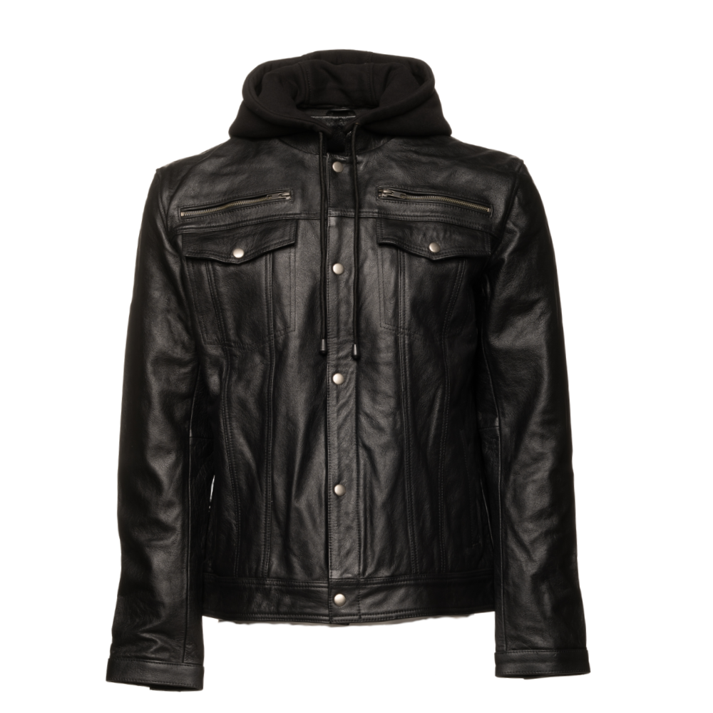 Easton Black trucker motorcycle leather jacket with hood
