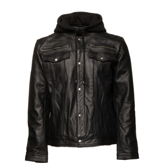 Easton Black trucker motorcycle leather jacket with hood