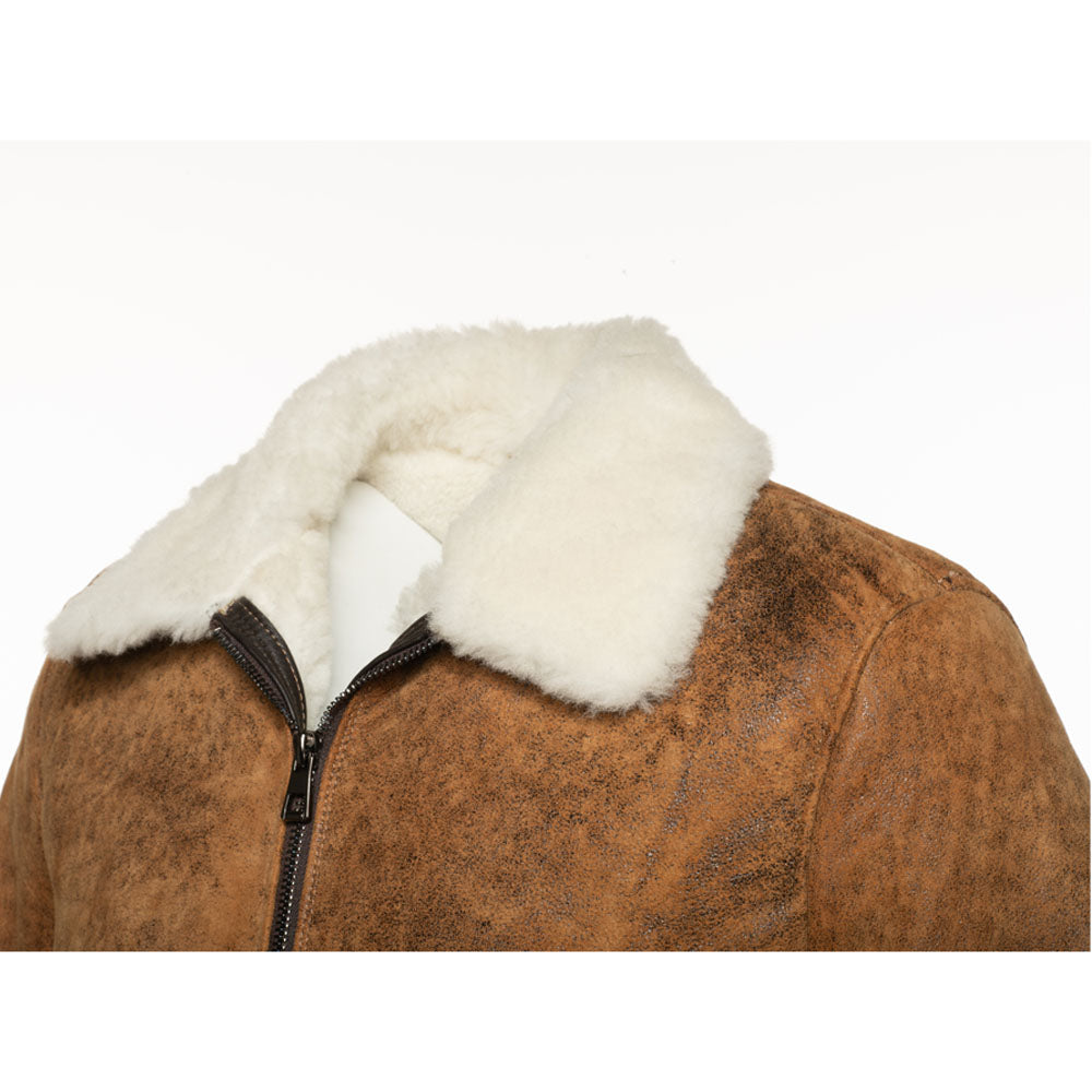 Lucian's distressed brown A2 Bomber shearling jacket