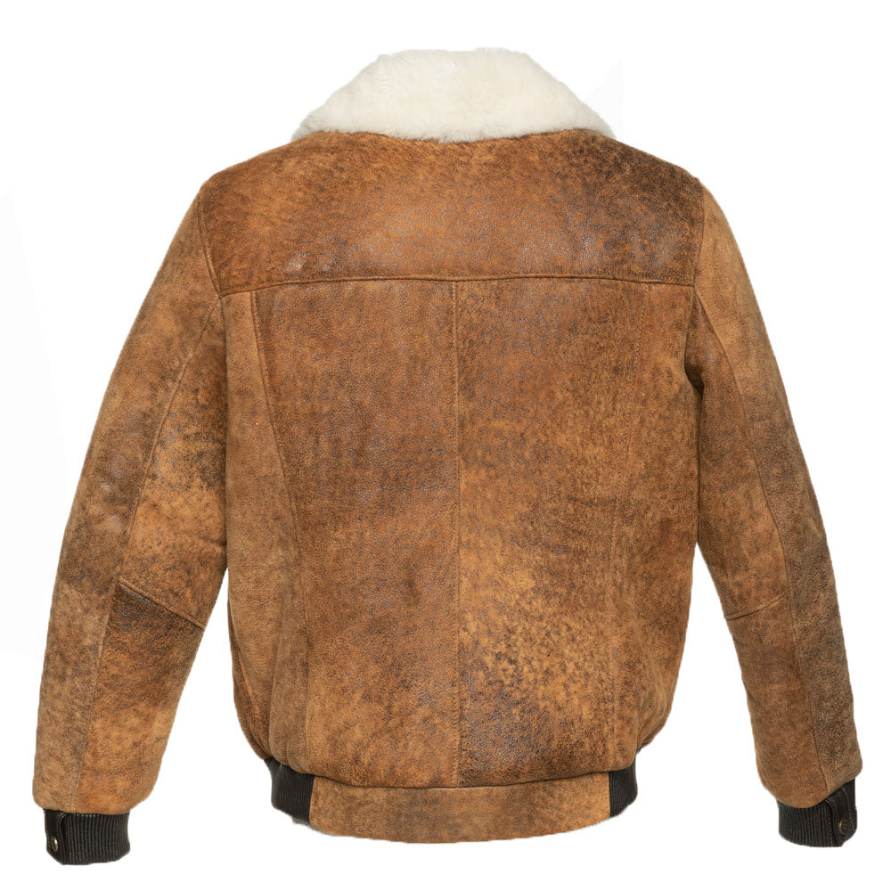 Lucian's distressed brown A2 Bomber shearling jacket