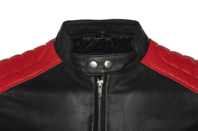 Black moto style jacket with shoulder and arm patches