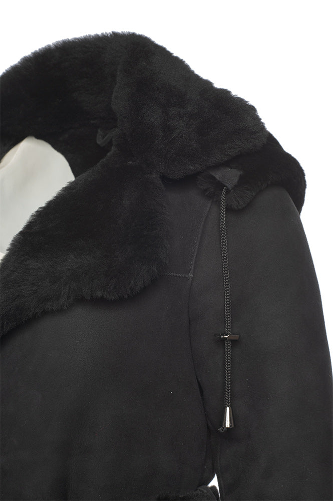 Melissa Black suede shearling coat with belt