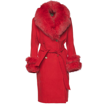 Aria Red chic long cashmere blend coat with fox fur