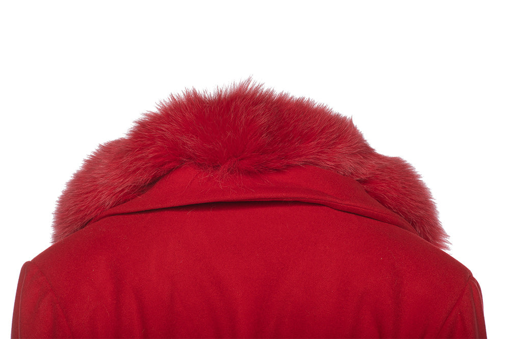 Aria Red chic long cashmere blend coat with fox fur