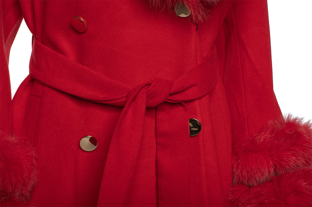 Aria Red chic long cashmere blend coat with fox fur