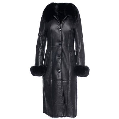 Caitlan’s Black Shearling Sheepskin Full Length Long Coat With Fox Fur Trim