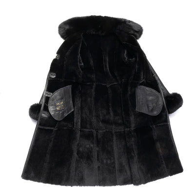 Caitlan’s Black Shearling Sheepskin Full Length Long Coat With Fox Fur Trim