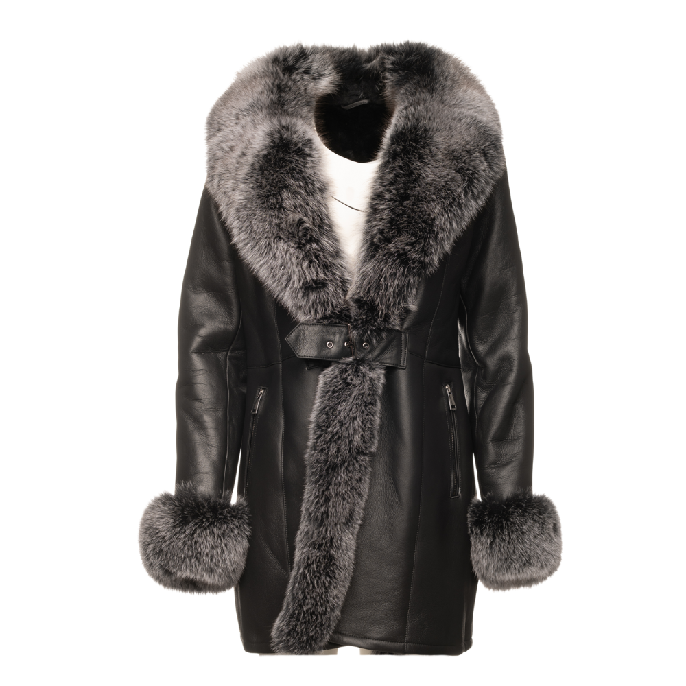 Stella black shearling coat with fox fur trim