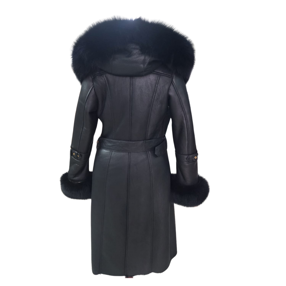 Freya Black Leather shearling coat with Fur Hood & Belt
