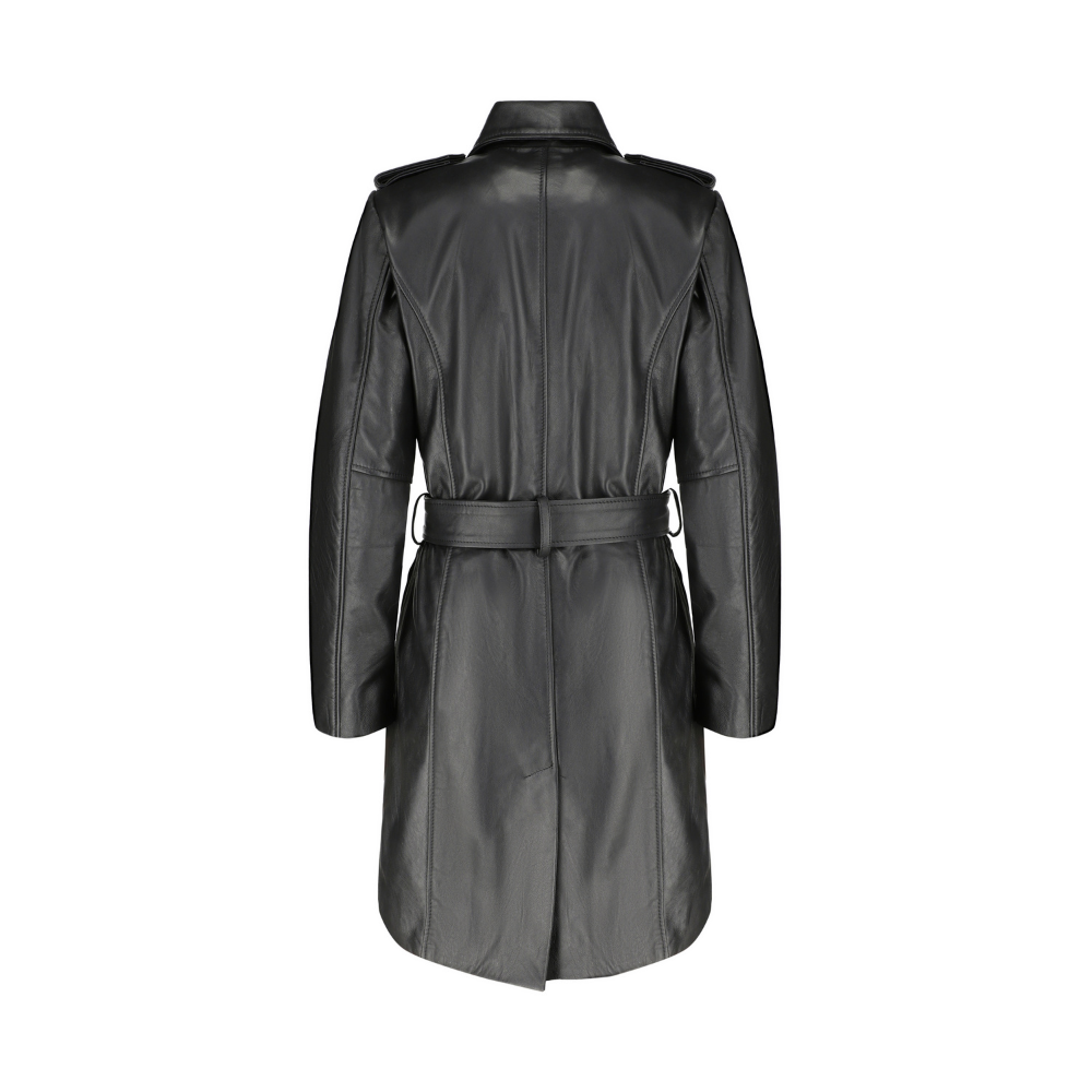 Coral black belted leather coat