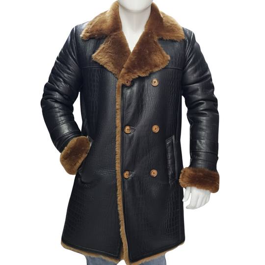 Griffin Double Breasted Black Croc Print Shearling Overcoat
