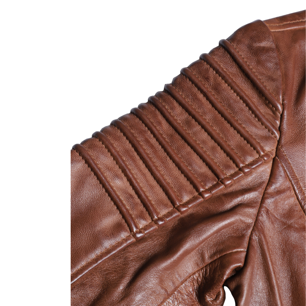 Women's distressed biker leather jacket with piping