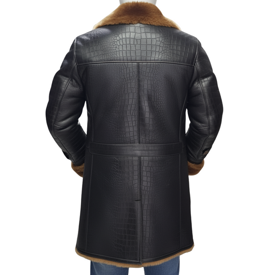 Griffin Double Breasted Black Croc Print Shearling Overcoat