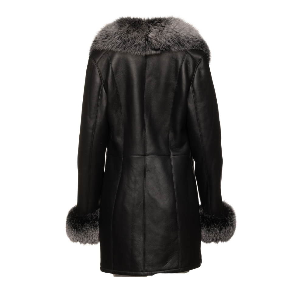 Stella black shearling coat with fox fur trim