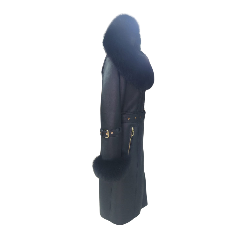 Freya Black Leather shearling coat with Fur Hood & Belt