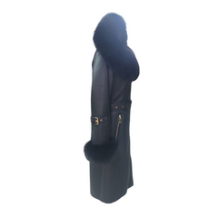 Freya Black Leather shearling coat with Fur Hood & Belt