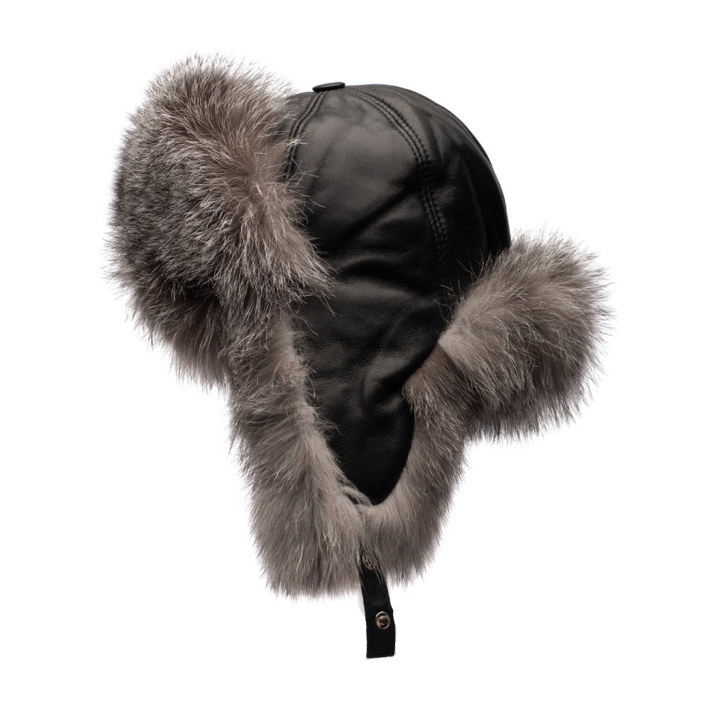 Silver fox fur and leather Aviator hat