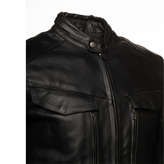 Huxley Black Motorcycle leather jacket with Storage pockets