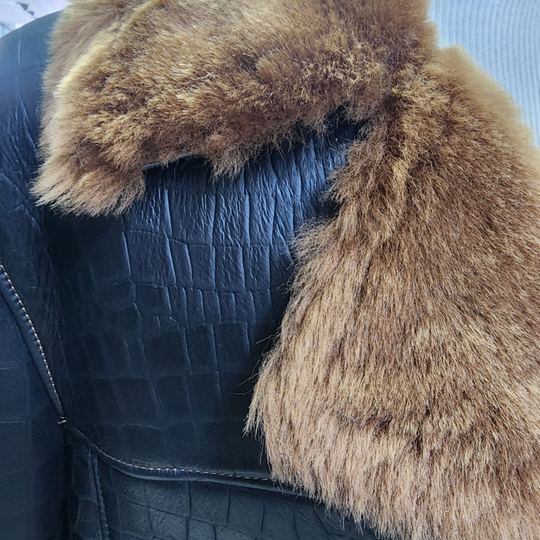 Griffin Double Breasted Black Croc Print Shearling Overcoat