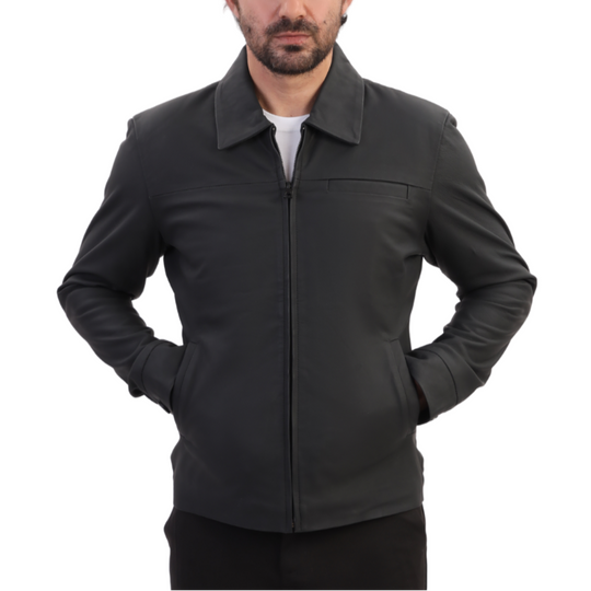 Zane matte black collared leather jacket