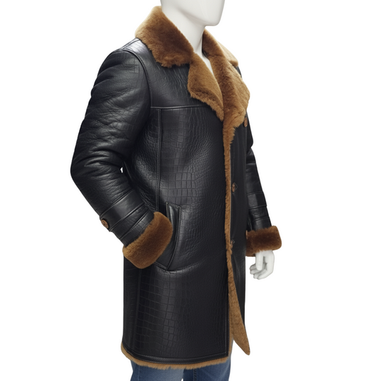 Griffin Double Breasted Black Croc Print Shearling Overcoat