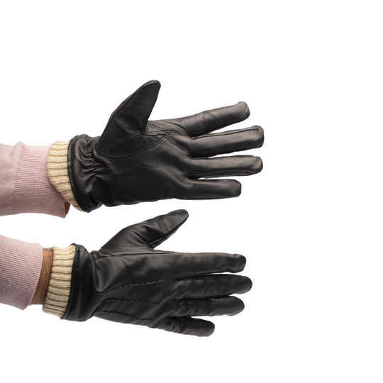 Men's black leather gloves with knit cuffs