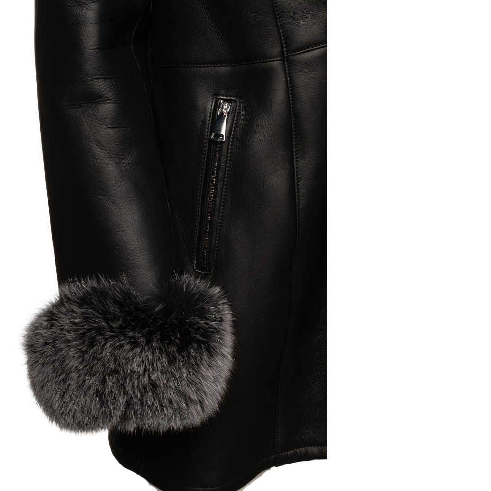 Stella black shearling coat with fox fur trim