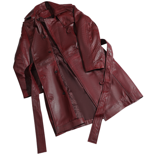 Coral red belted leather coat