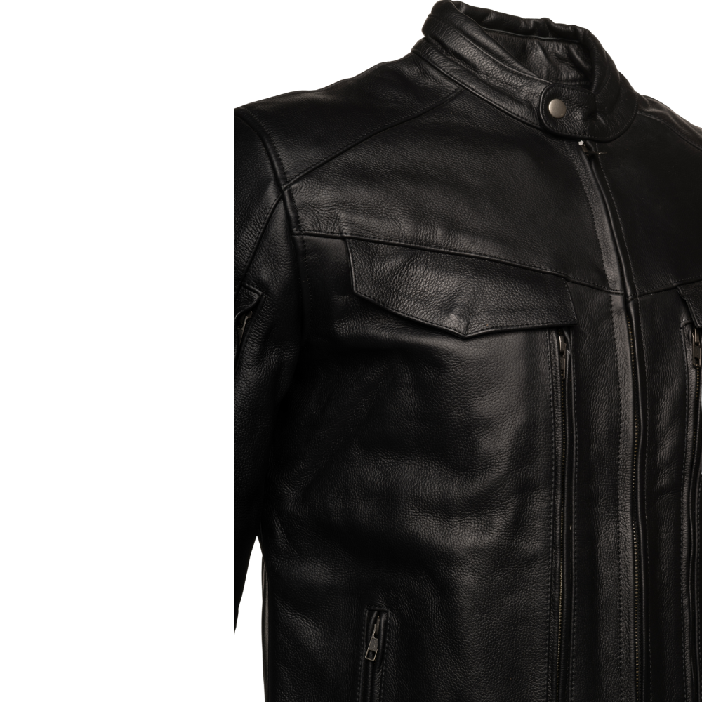 Huxley Black Motorcycle leather jacket with Storage pockets