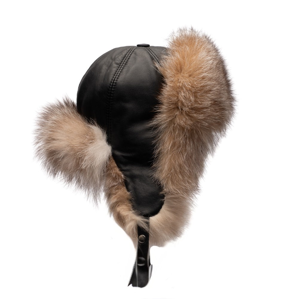 Fox fur and leather Aviator hat