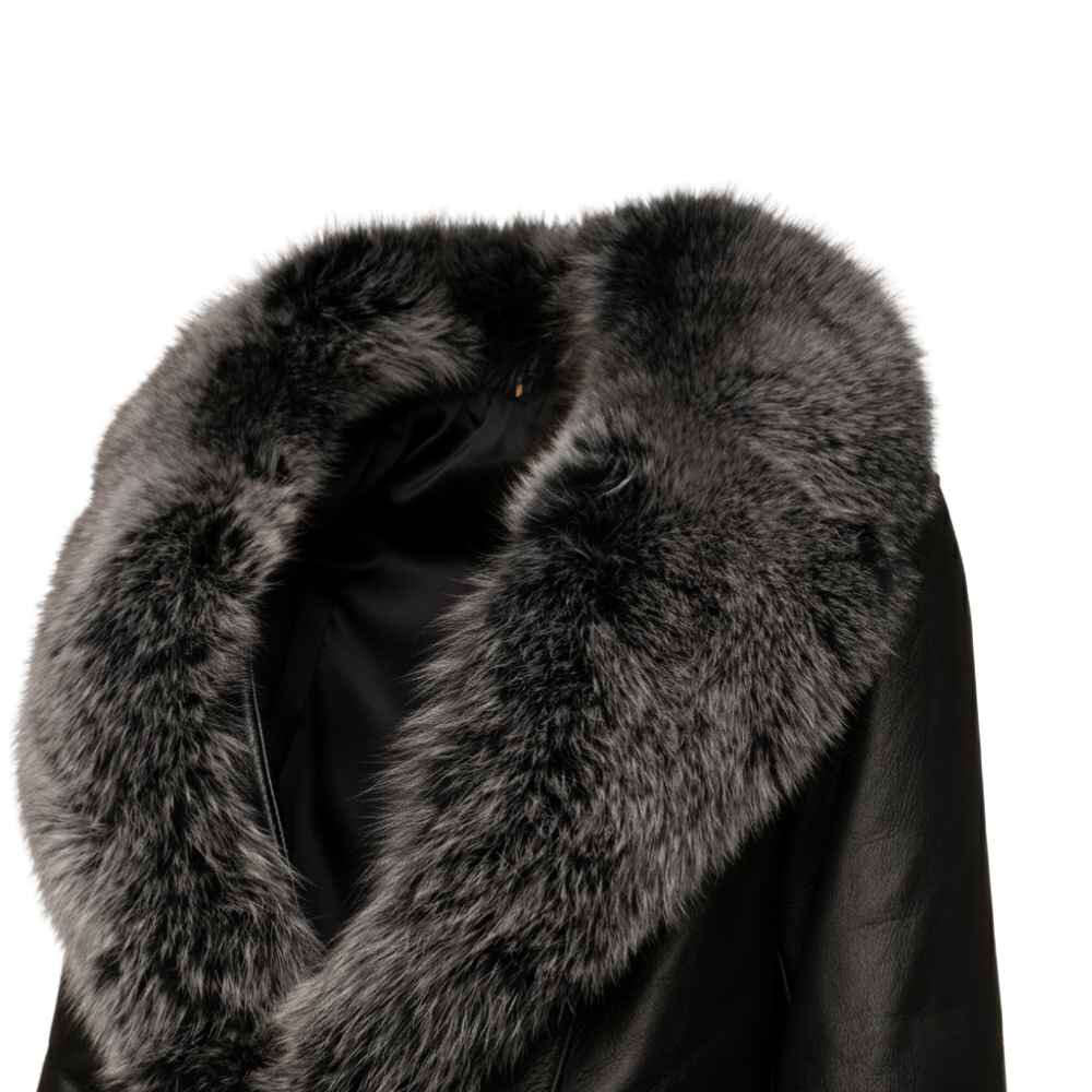 Stella black shearling coat with fox fur trim