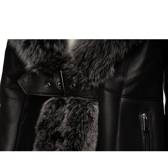 Stella black shearling coat with fox fur trim