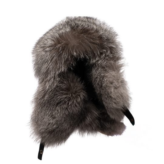 Silver fox fur and leather Aviator hat