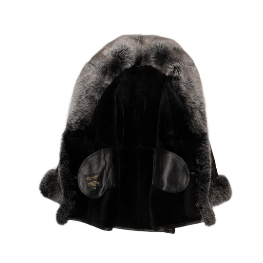 Stella black shearling coat with fox fur trim