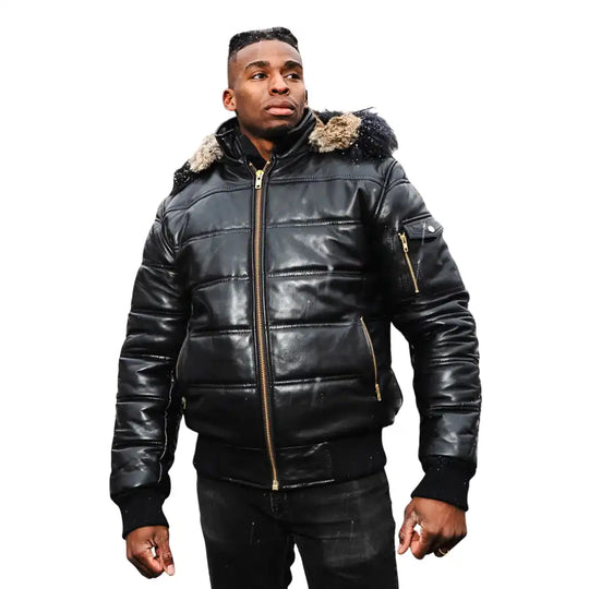 A model wearing the Ash hooded leather puffer jacket with a streetwear outfit, showcasing the urban aesthetic and mid-weight volume.
