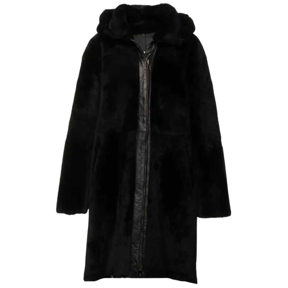 Outside view of the Avalon Black oversized reversible sheepskin long coat, showing the luxurious shearling lining for added warmth and comfort.