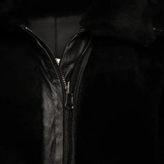 Zipper Close-up of the Avalon Black oversized reversible sheepskin long coat, featuring high-quality stitching, a plush collar