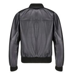 Black bomber style ribbed leather jacket back view with ribbed waistband