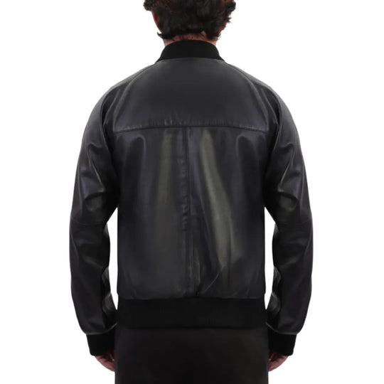 Black bomber style ribbed leather jacket back view with ribbed waistband