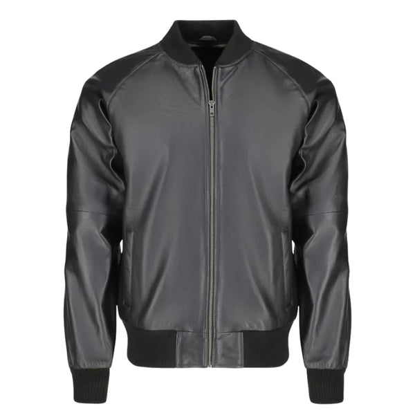 Black Bomber Style Ribbed Leather Jacket