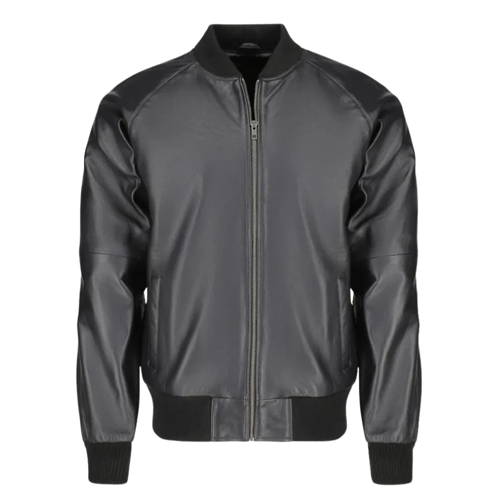 Black bomber style ribbed leather jacket front view with ribbed waistband and cuffs
