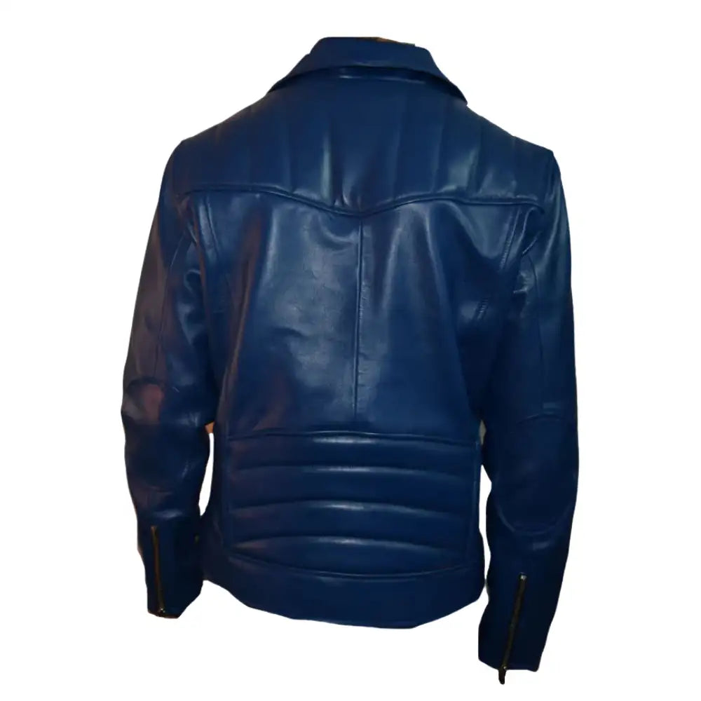 Rear profile of Blue Leather Biker Jacket showing structured biker silhouette